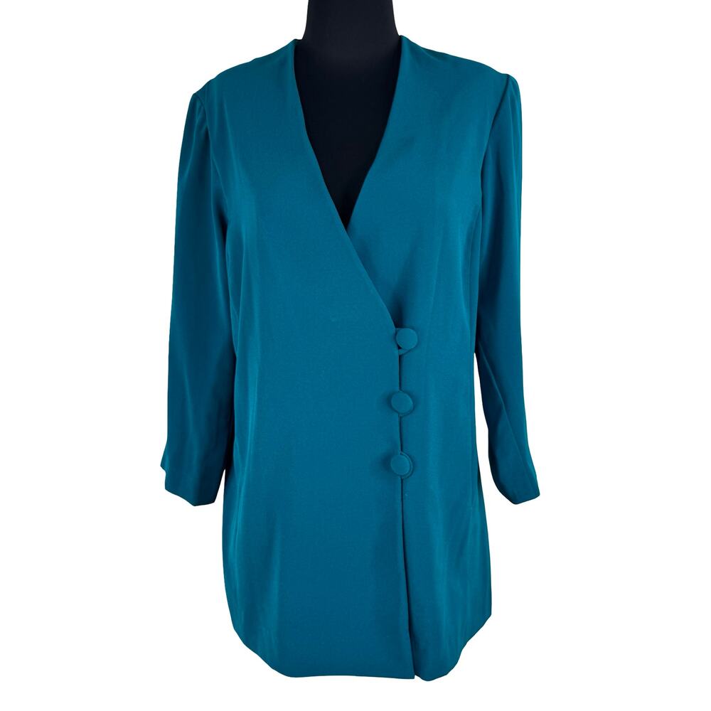 Vintage 80s Teal Power Blazer Tunic Shoulder Pads Crossover Jacket Shoulder Pads